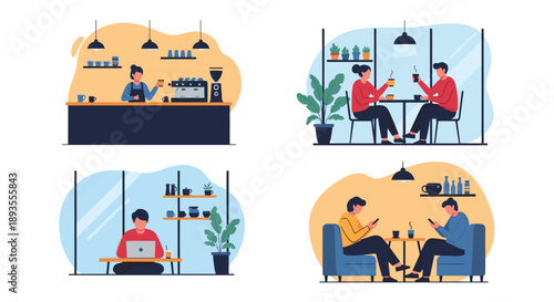 A collection of scenes from a modern coffee shop, showing a barista, customers drinking coffee, working, and using phones.
