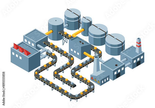 Industrial facility with tanks, pipes, and buildings in a complex infrastructure, viewed from above, showcasing industrial processes and machinery.