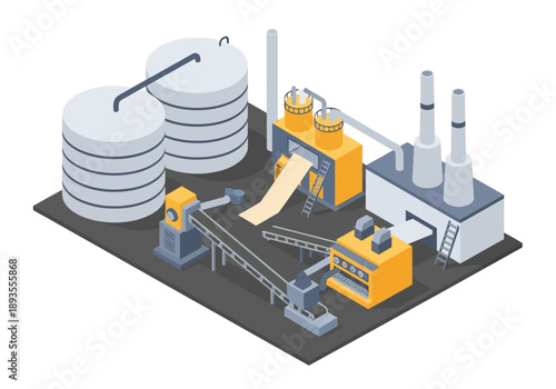 Industrial facility with machinery and storage tanks in operation from an isometric viewpoint