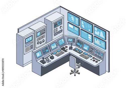 Modern Control Room with Multiple Monitors and Workstations in an Industrial Setting