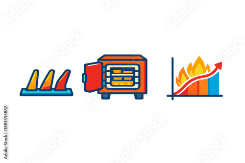 Heating and cooking tools are shown with various bars that represent fire and heat level in a kitchen setting at a modern home or restaurant