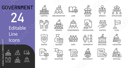Government Line Icon set. Contains symbols for Election, Vote, Legislation, and Policy. Line vector design for official administration and public service workflow.