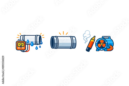 Maintenance tools are prepared for pipe inspection, repair, and testing of the ventilation system in a building while workers plan their next steps for optimal results