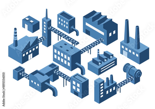 Industrial complex with various factories and machinery in a 3D isometric illustration view