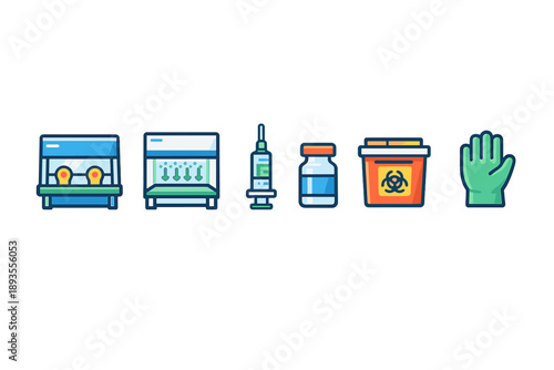 Laboratory equipment and materials are arranged in a row showing tools used in medical and scientific work