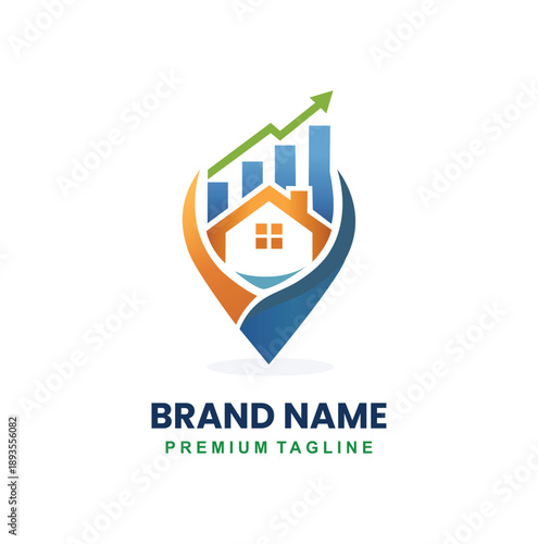 modern real estate investment logo featuring a house icon inside a location pin with a rising growth chart and arrow.