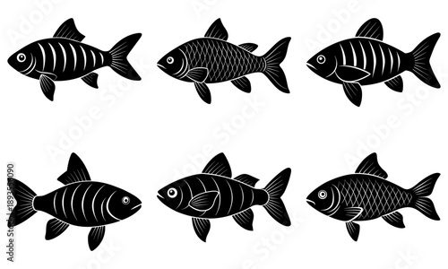 Six black and white striped fish illustrations swimming in different directions