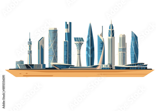 modern futuristic city skyline with high rise skyscrapers and innovative architecture illustration