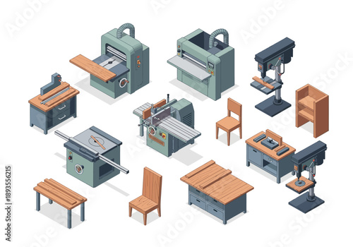 Various industrial machines and woodworking equipment arranged in a workshop setting viewed from directly above