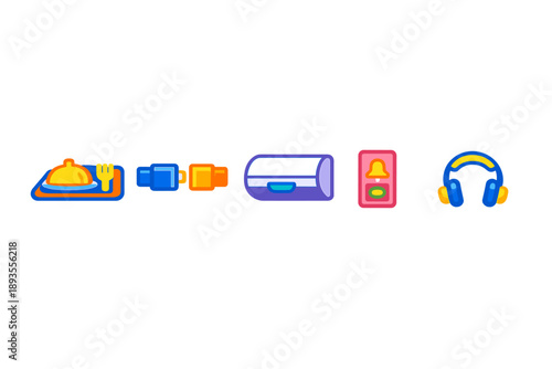 Different types of items used in daily life are shown including food, containers, notifications, and headphones in a simple layout