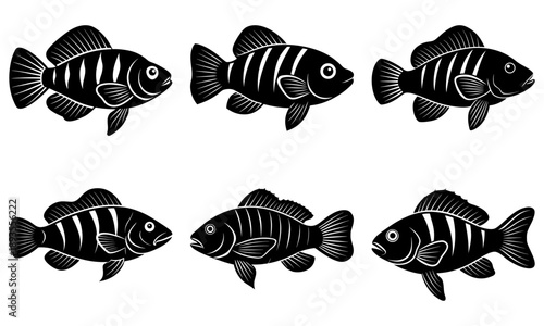 Black striped fish illustrations in various swimming positions underwater