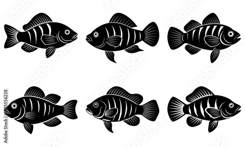 Six black and white fish illustrations swim in different directions.
