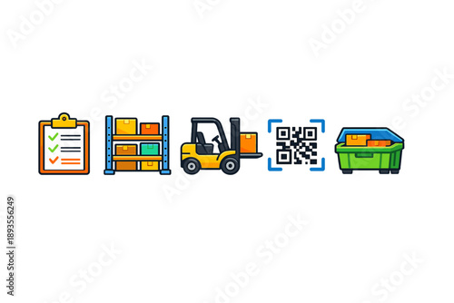 Warehouse operations include inventory management, order picking, and waste disposal using various tools and methods for efficiency at any time of day