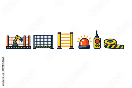 Construction tools and safety items are shown on a white background with various equipment including barriers, warning lights, and a robotic arm