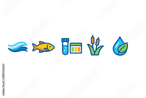 Water ecosystem shows fish, plants, and testing tools that demonstrate the importance of clean water and its effects on life in a simple and direct style