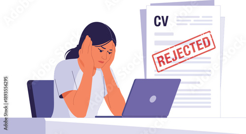 Woman despairs over a rejected CV document while sitting frustratedly at a desk with a laptop.