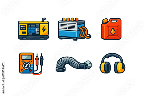 Different types of equipment for energy production and measurement in a power setup including generator, battery, fuel can, multimeter, duct, and headphones