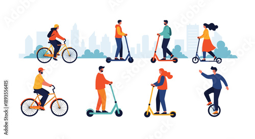 A diverse group of people using various eco-friendly personal transport options like bicycles, electric scooters, and unicycles in the city.