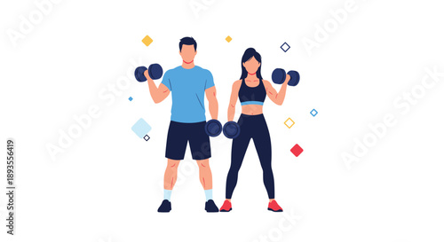 A fit and athletic couple, a man and a woman, holding dumbbells while exercising together in a gym setting.