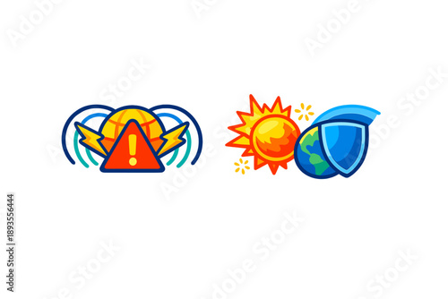 Graphic design shows a warning symbol on the left and a sun with a shield symbol on the right, representing weather alerts and protection from sun exposure