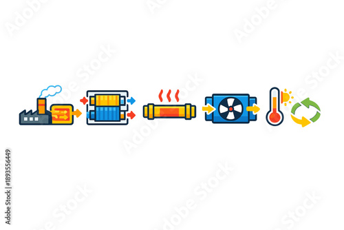 Process of energy transformation from factory to heat and then to cooling in an industrial setting during daytime operations