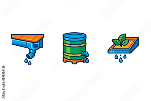 Rainwater harvesting system design showing gutter, storage tank, and plant bed with droplets of water in a simple layout