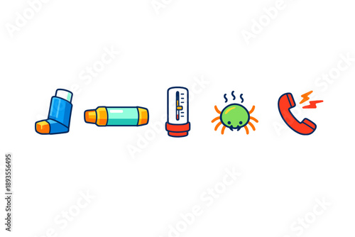Various medical items shown together in a simple design including an inhaler, a medication tube, a thermometer, a spider icon, and a phone