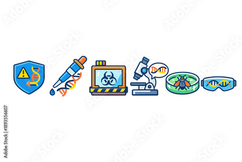 Science tools and symbols for research and safety in a laboratory setting with DNA and microscopy elements