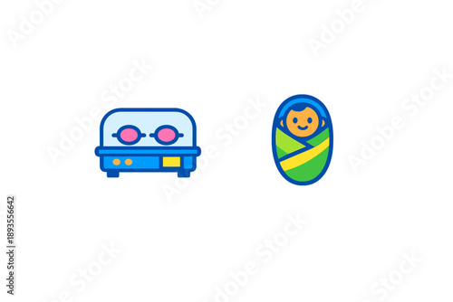Bright colored icons showing a baby in a swaddle and a device with glasses seen in a simple setting during a digital design session