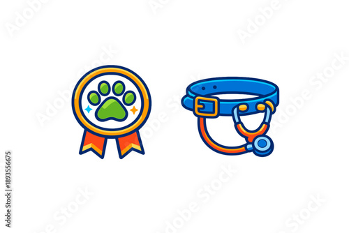 Dog award and collar icons show pet achievements and care accessories in a simple design suitable for pet lovers and businesses