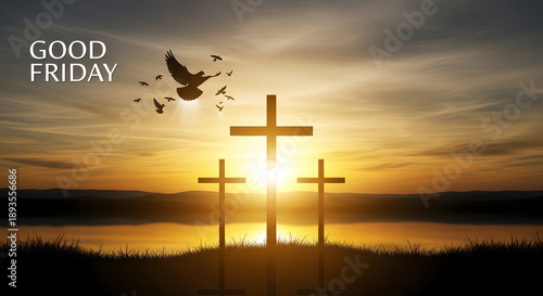 A peaceful sunset with three crosses and a dove flying, symbolizing Good Friday.