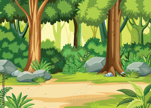 A lush forest scene depicts tall trees rocks and a dirt pathway high quality