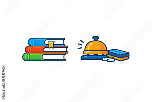 Books on a desk with a service bell and tablet for online check-in in a school setting during the day