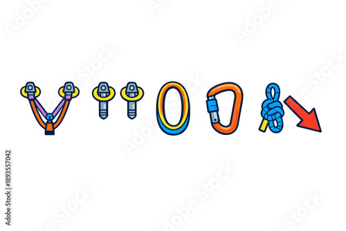 Understanding climbing gear with different equipment types including quickdraws, carabiners, and knots used for outdoor activities