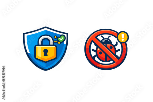 Design showing a shield with a lock and a crossed-out bug symbol for cybersecurity awareness in digital safety