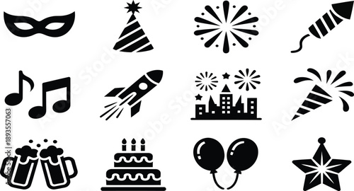 Black silhouette icons represent various elements associated with a festive celebration or party.