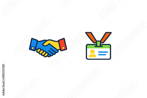 Handshake and ID card show business partnership or networking event supporting collaboration on projects and goals