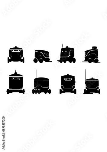 Autonomous Sidewalk Delivery Robot Silhouette, Last Mile Logistics Bot, Smart Neighborhood and Future Urban Life Concept Vector