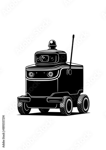 Autonomous Sidewalk Delivery Robot Silhouette, Last Mile Logistics Bot, Smart Neighborhood and Future Urban Life Concept Vector