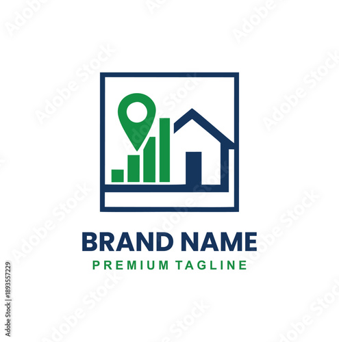 location based real estate logo with a house icon, location pin, and bar chart inside a square border.