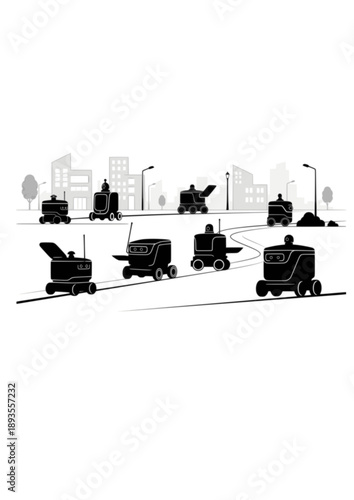 Autonomous Sidewalk Delivery Robot Silhouette, Last Mile Logistics Bot, Smart Neighborhood and Future Urban Life Concept Vector