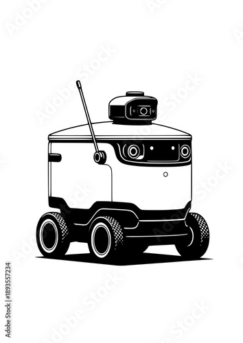 Autonomous Sidewalk Delivery Robot Silhouette, Last Mile Logistics Bot, Smart Neighborhood and Future Urban Life Concept Vector