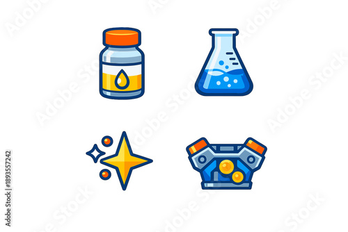Bottles and laboratory tools sit on a white background showing elements of science and chemistry used in experiments and research