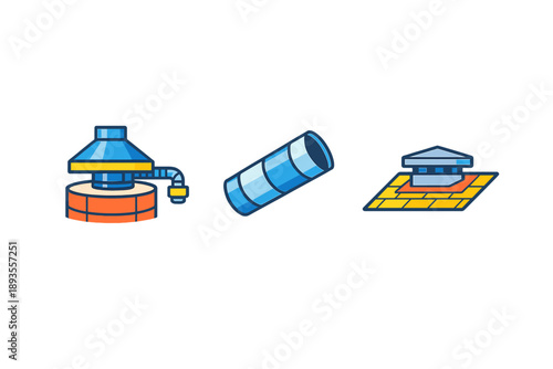 Different tools and structures used in construction shown in simple design on a flat background during daytime