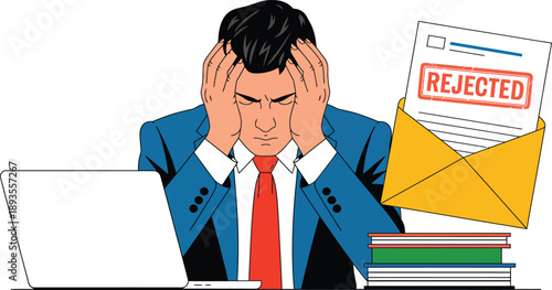 Businessman reacts with extreme stress holding his head near a laptop and a rejected official.