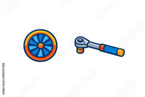 Wheel and ratchet tool are shown together on a white background with a simple design for easy identification and illustration of mechanics and tools
