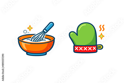 Mixing ingredients in a bowl with a whisk alongside a green oven mitt for baking and cooking tasks in a kitchen setting