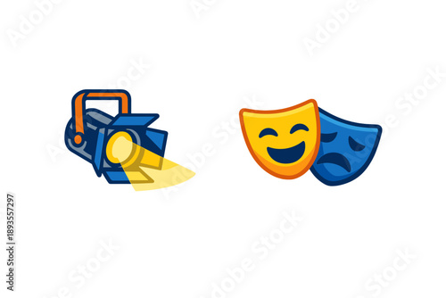 Spotlight shines on theater masks in an illustration showing the world of drama and performance design