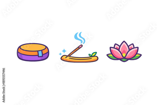 Various items used for relaxation and meditation including a cushion, incense holder, and lotus flower