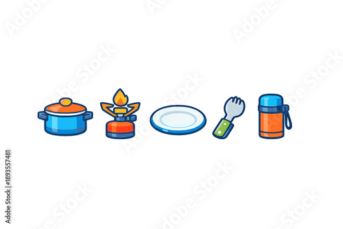 Cooking tools and equipment are laid out on a simple background for meal preparation in a kitchen setting during daytime